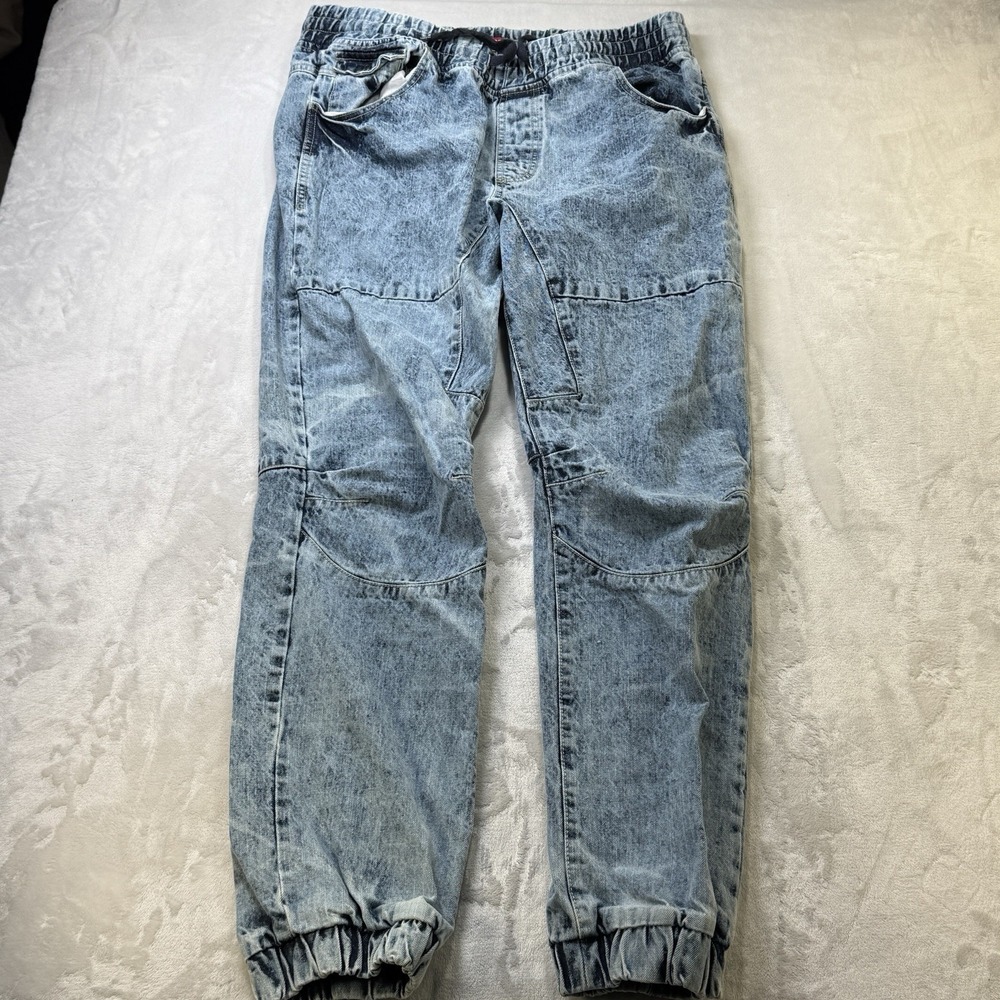 WT02 Men's XL Denim Acid Wash Joggers Drawstring Distressed Elastic Waist Y2K